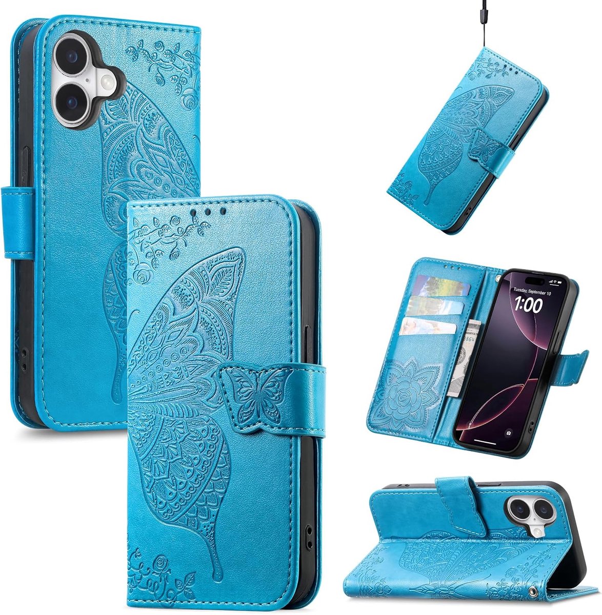 lederen portemonneehoes voor iPhone 2025, vlindermotief flip cover met kaartsleuven, magnetische sluiting en schokbestendige TPU-binnenhoes voor iPhone 2025, blauw