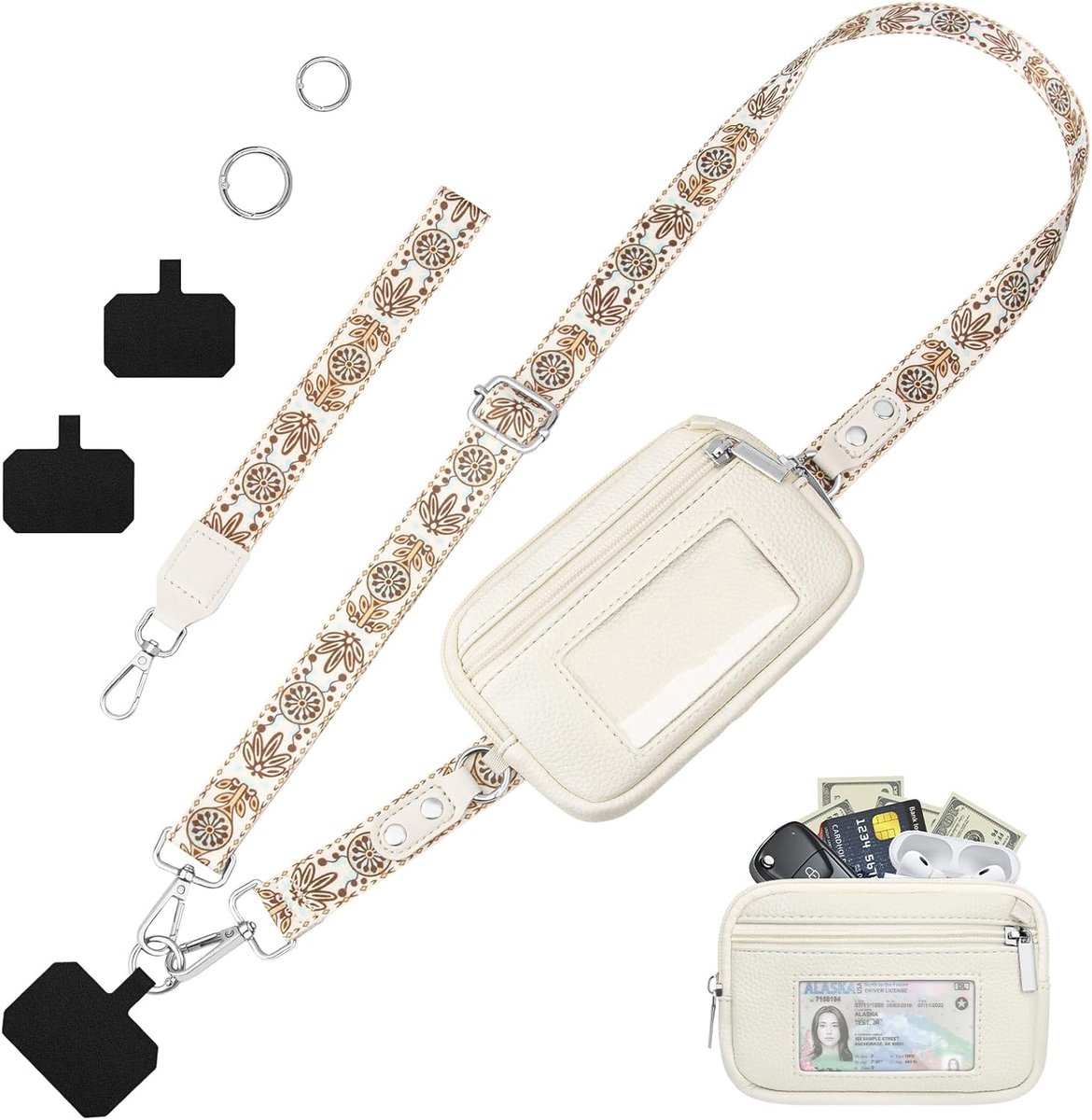 telefoonband, 2,5 cm, telefoonkoord voor dames met afneembare tas van PU-leer en polsband, schouderriem voor dames, voor reizen, sport, winkelen, dagelijks gebruik