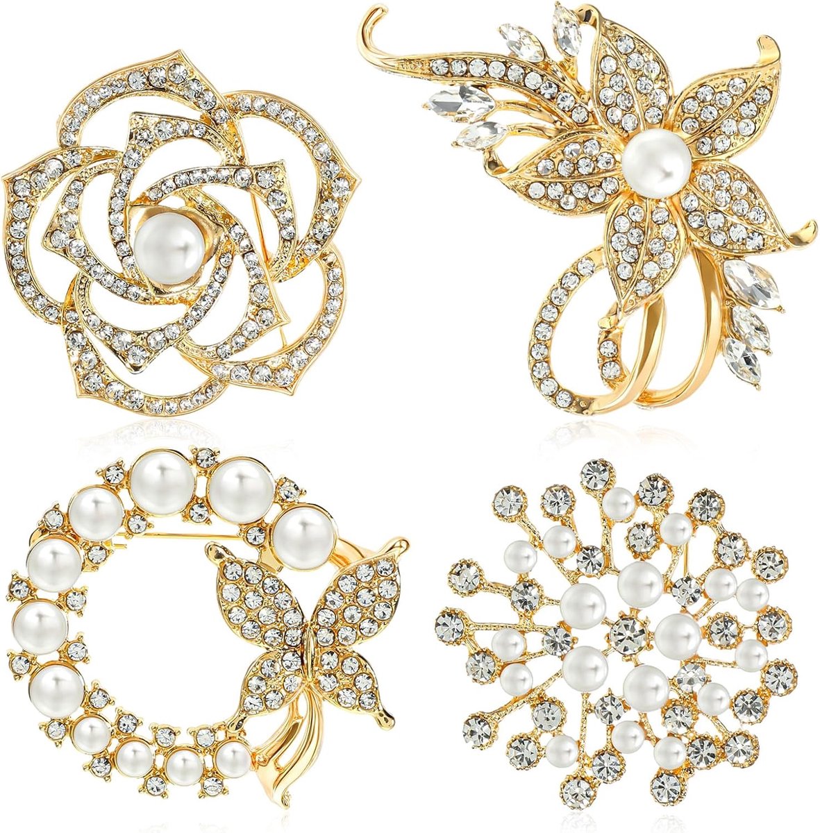 Broches voor dames, kristallen parels, bloemen, broches met strassteentjes en parels, elegante gouden slinger, broches, pin, vintage, broche clip voor sjaal, mantel, kleding, jurken