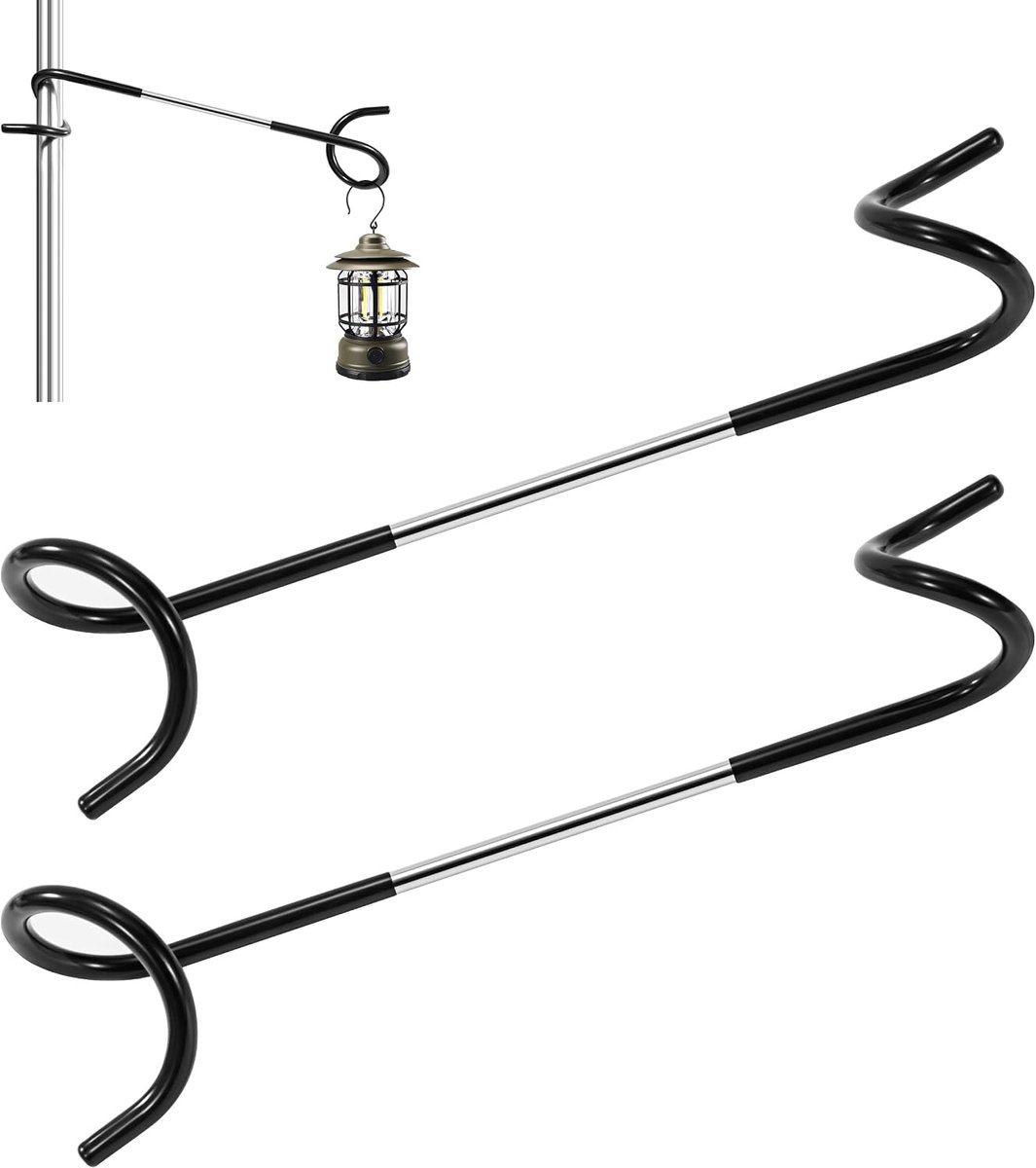 Lantaarnhaak, lamphaken, tentpaal, haken, lantaarnhouder met dubbel uiteinde, voor camping, buiten, tuin, 2 stuks (zwart)