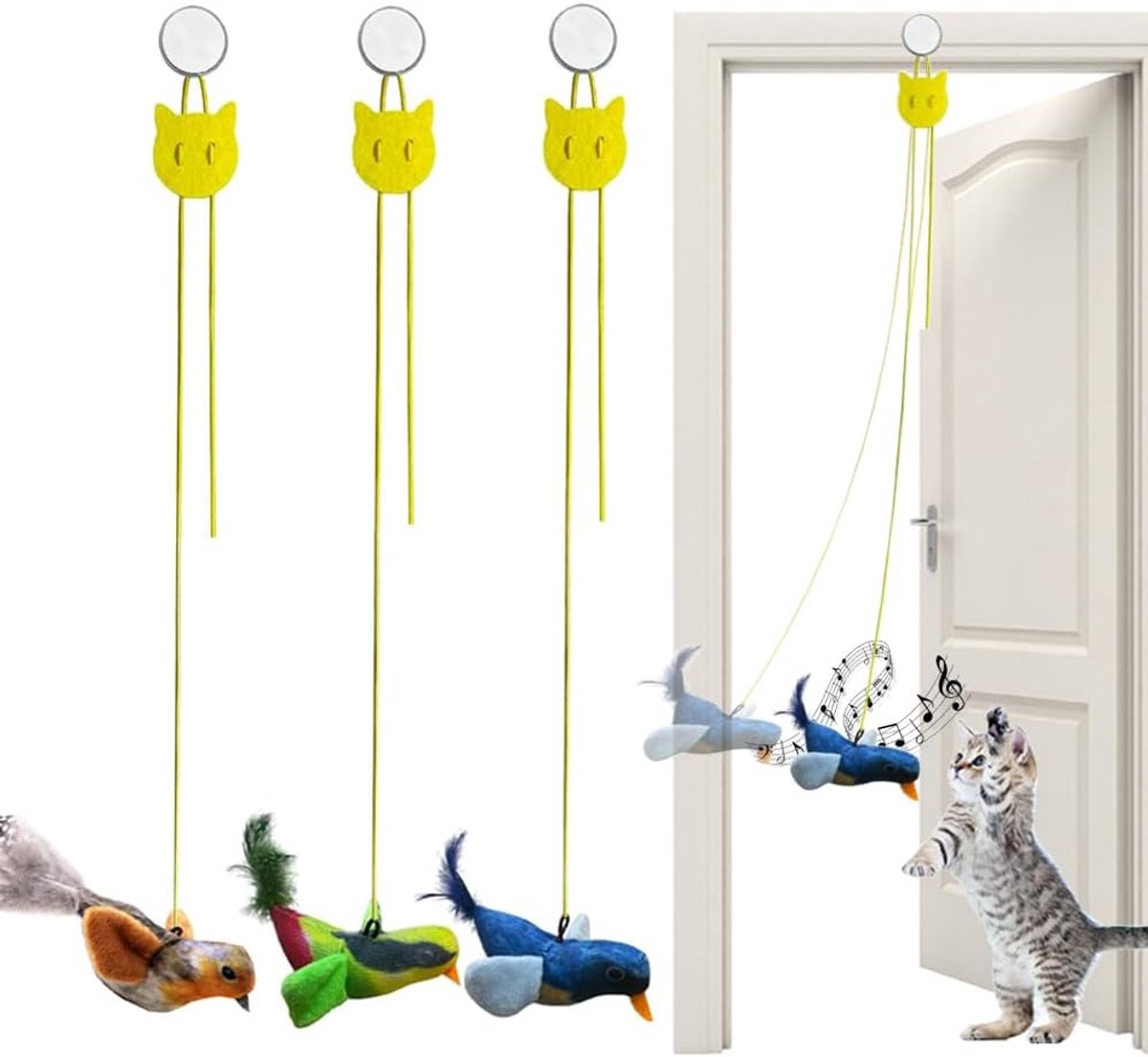 3 stuks kattenspeelgoed, zelfbezigheid, hangend deurframe, elastische vogel met piepgeluid, vliegende vogel, kattenspeelgoed, vliegende vogelspeelgoed voor katten met elastisch touw