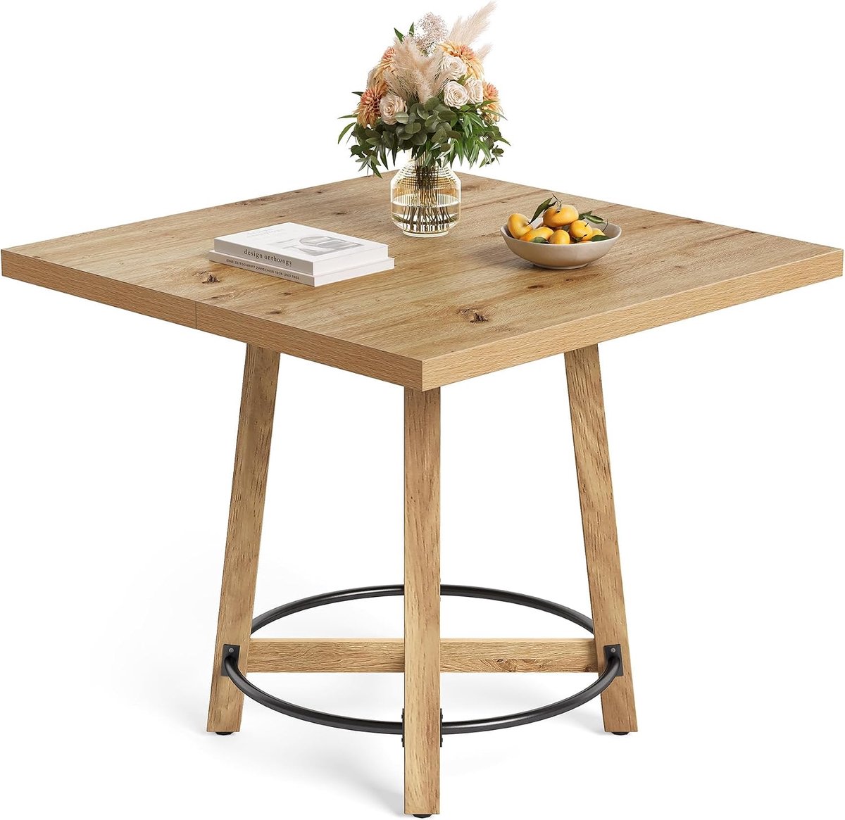 Moderne eettafel, vierkante keukentafel voor kleine ruimtes, perfect voor 2-4 personen, Mid-Century moderne stijl voor keuken en eetkamer, bruin en zwart