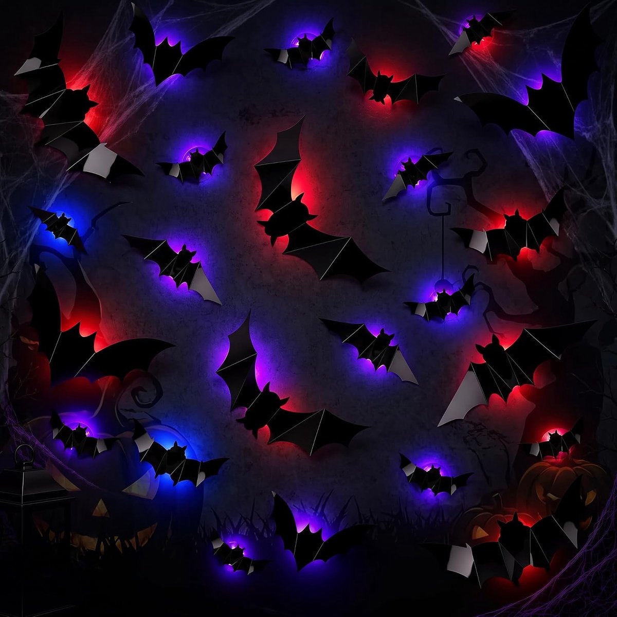 24 stuks led-vleermuisdecoratie voor Halloween, vleermuis, led-muurstickers, lichtgevende vleermuisdecoratie voor Halloween, raam, deur, veranda, spookhuis, feest