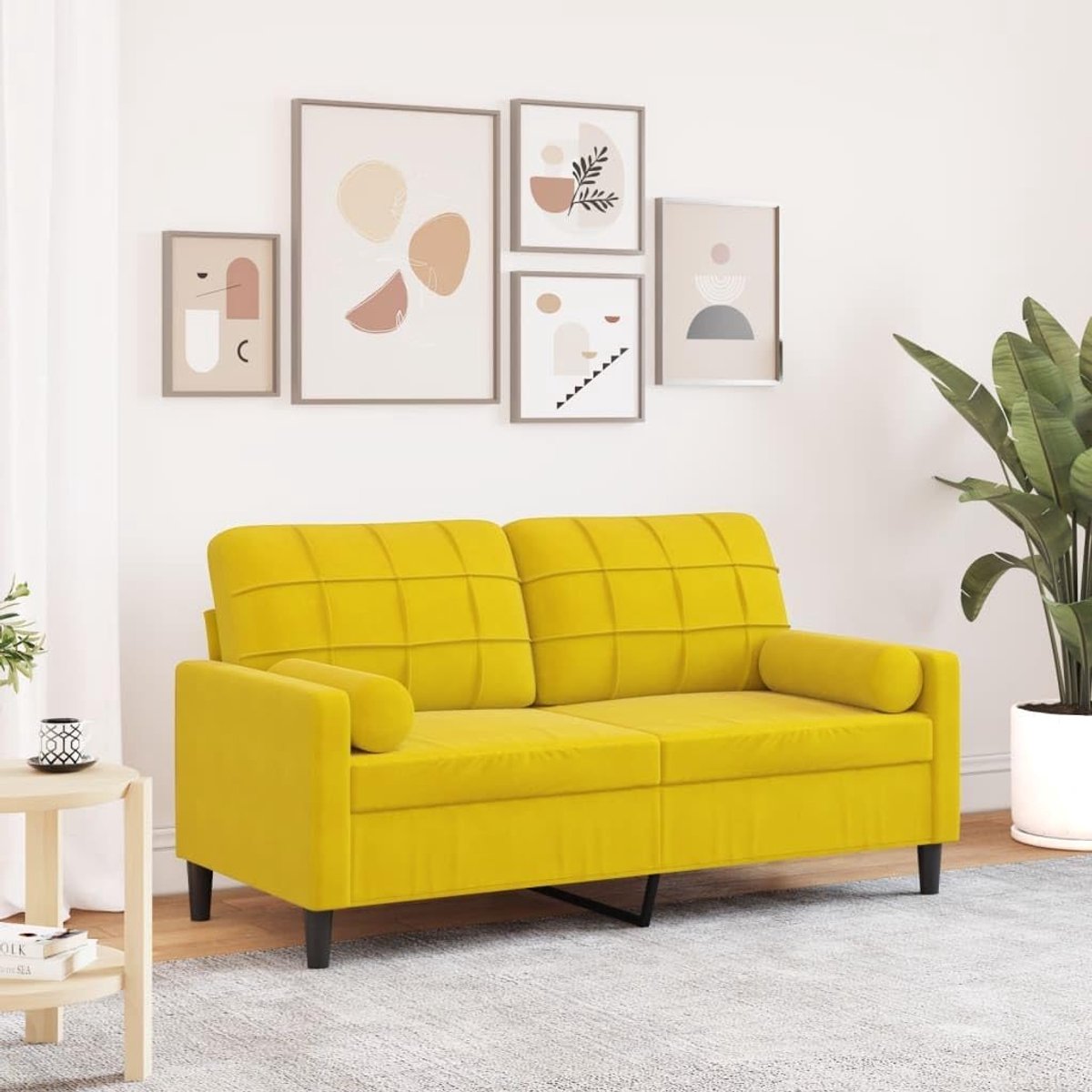 2-zits bank, 140 cm, geel fluweel met sierkussen, zacht velours bekleding, metalen frame voor woonkamer, comfort, afneembare hoezen, modern design
