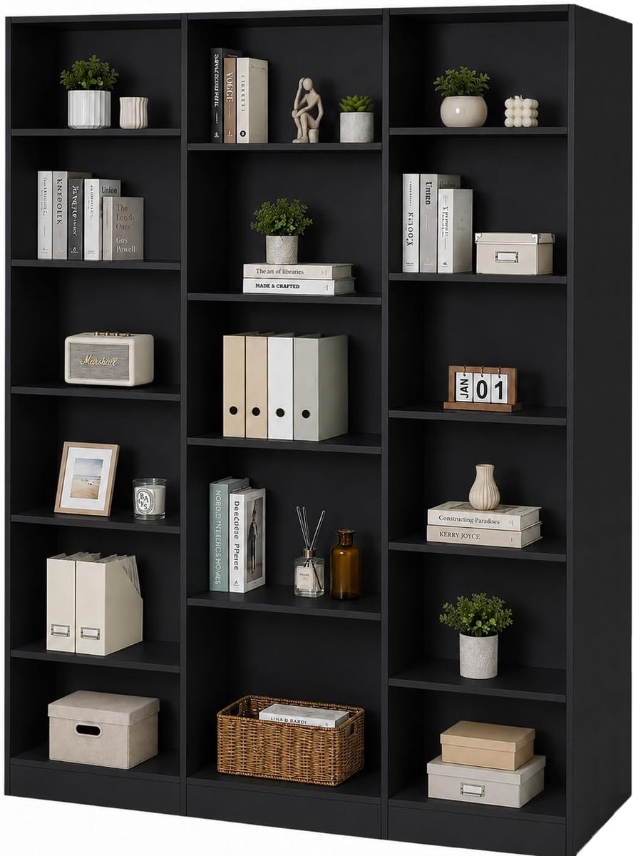 Boekenkast, zwart, 149 × 23,5 × 188 cm, 17 vakken, voor kantoor