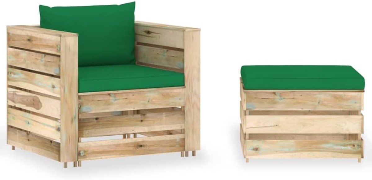 2-delig. Tuinloungeset met kussen groen van geïmpregneerd grenenhout, palletdesign, modulaire bankset voor terras, tuin of woonkamer