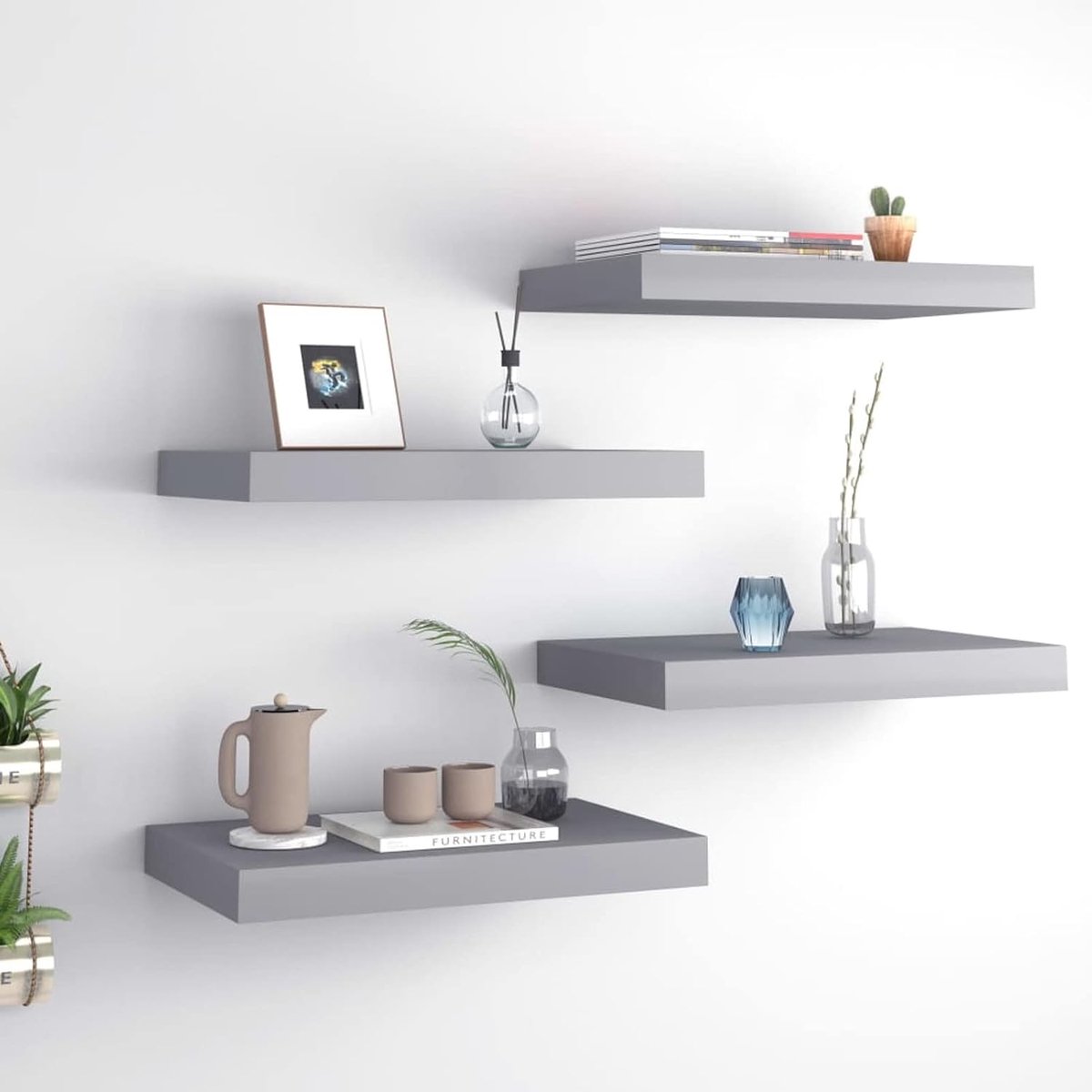 Zwevende wandplanken, vitrinekasten, set wandplank, boekenplank, boekenplank, voor woonkamer, slaapkamer, hal, badkamer, grijs, 40 x 23 x 3,8 cm, MDF