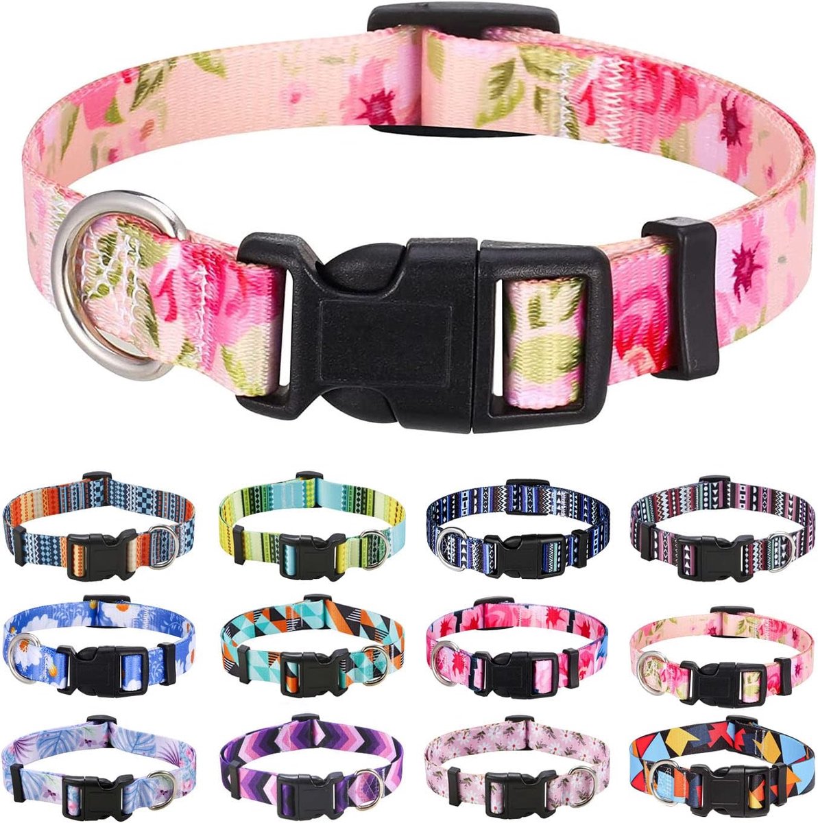 Zachte halsband voor honden, met bloemmotieven, verstelbaar, voor kleine, middelgrote of grote honden (Boheems blauw, L)