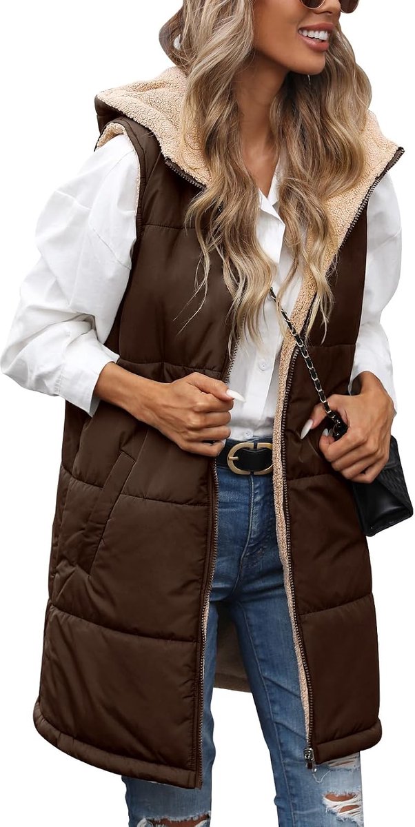 Bodywarmers voor dames, gewatteerde bodywarmers met ritssluiting, gewatteerd vest voor dames, lange bodywarmers met capuchon, mouwloos, donsjas, fleece, dik vest, wintervest