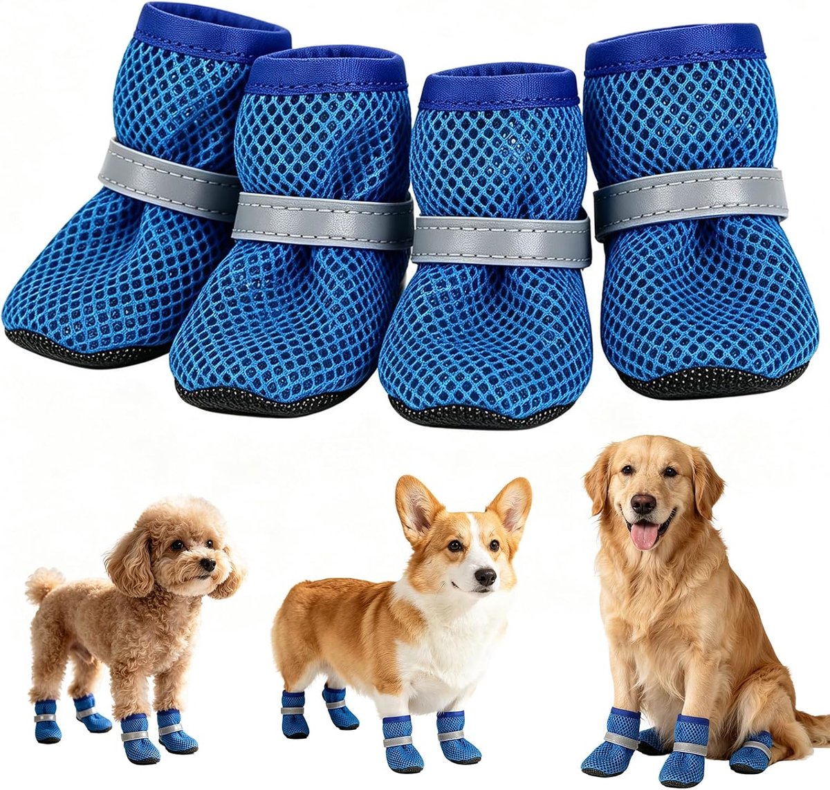 Schoenen voor de zomer, mesh, ademende antislip hondenschoenen met reflecterende strepen, licht en comfortabel voor warme zomervloeren (blauw, XL)