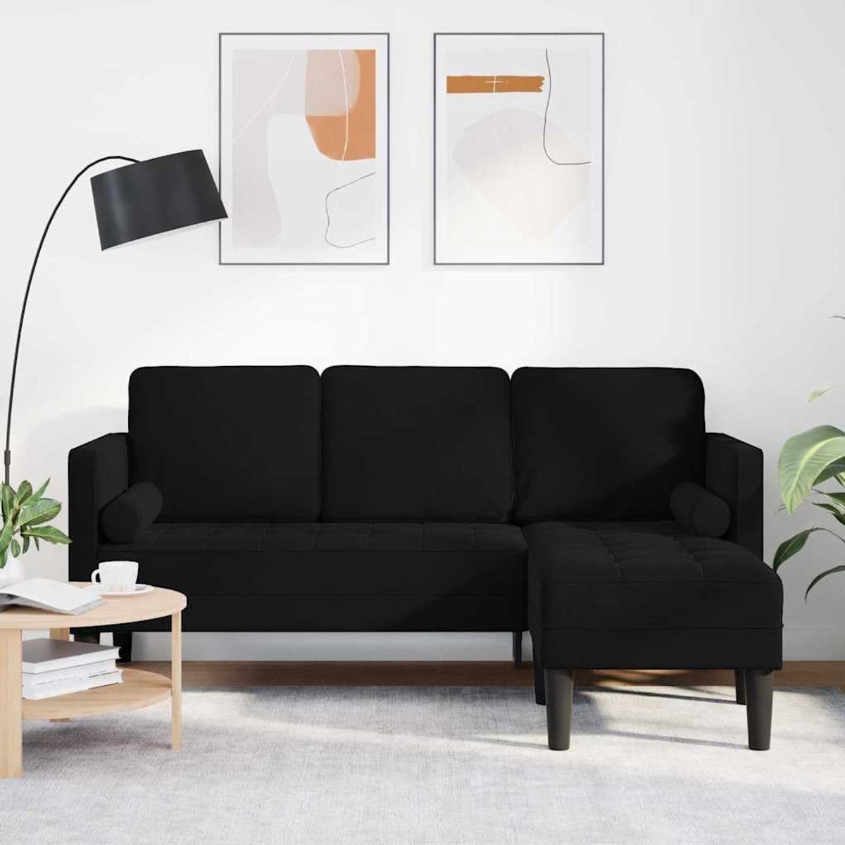 Hoekbank set met kussen in zwart van ademend polyester fluweel voor woonkamer