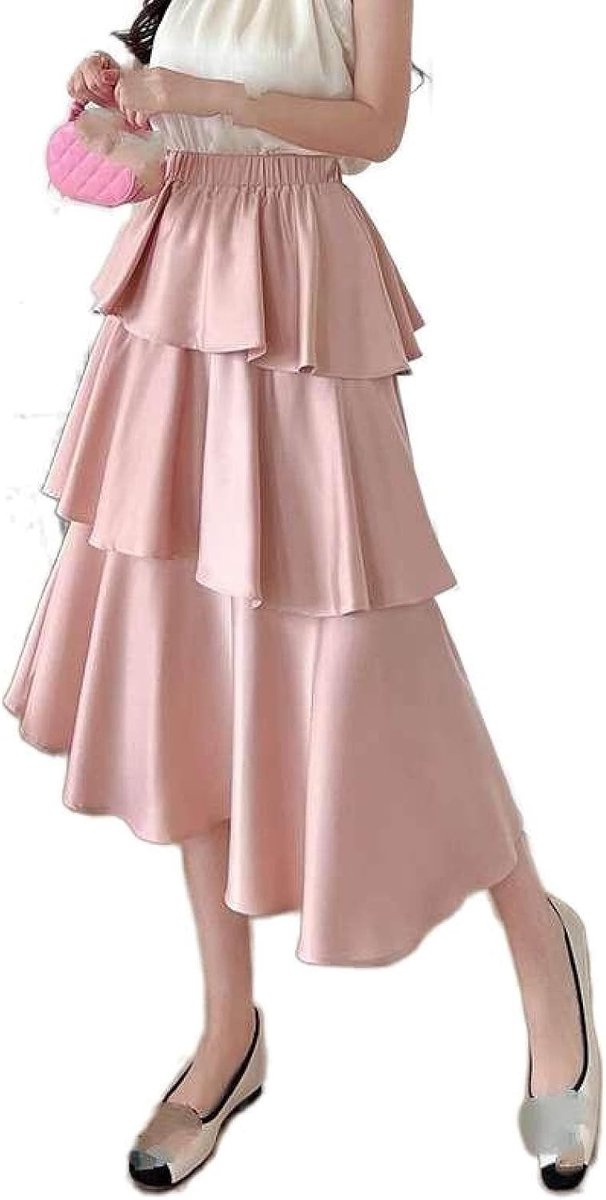 Hoge Taille Azijnvezel Satijn Taartrok - Zomer Veelzijdig Effen Kleur Elastische Taille Halflange Rok Kleine Onregelmatige Rok Met Ruches A-Lijn Lange Rok,Pink,Xs