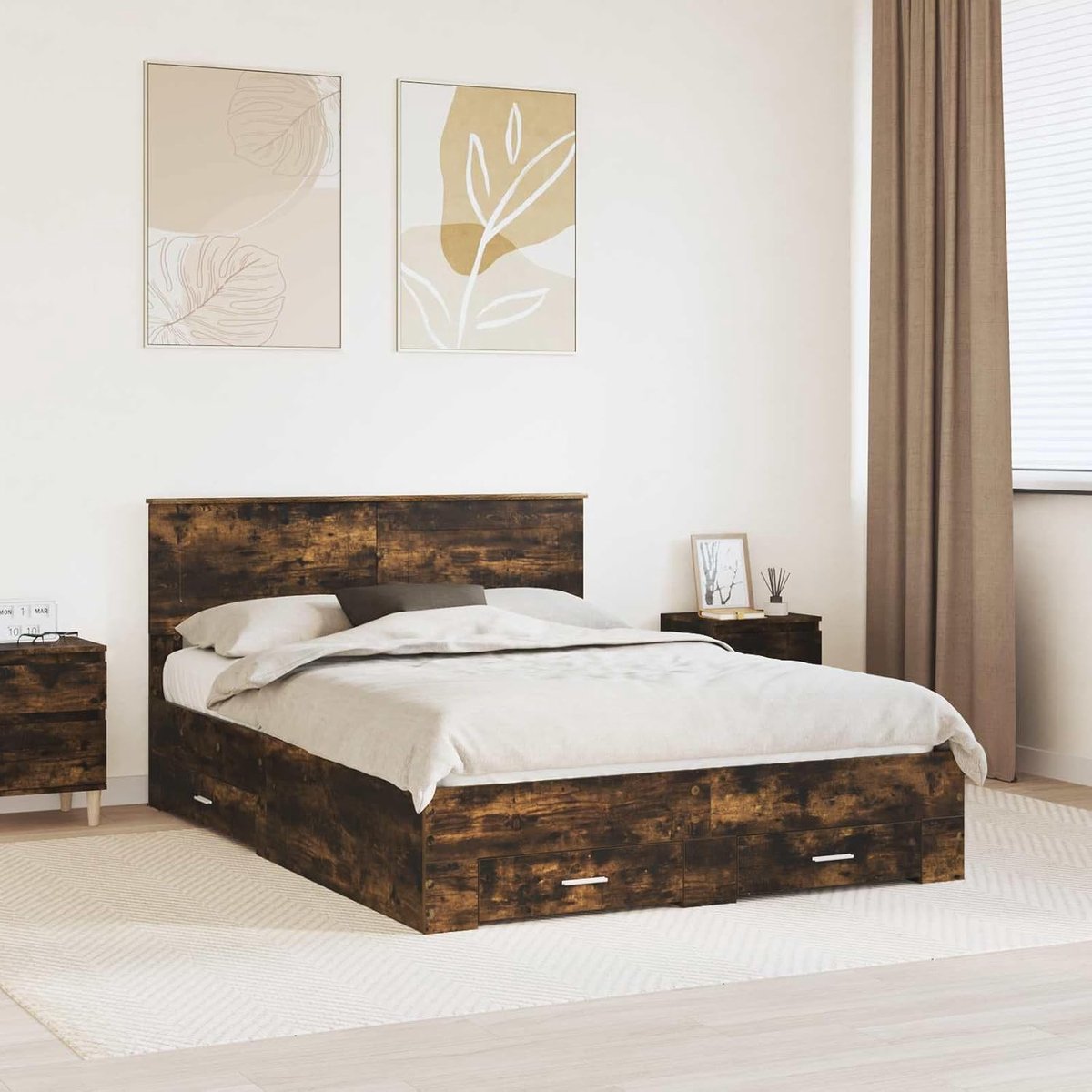Opbergbed met hoofdeinde modern minimalisme Gerookt eiken 140x200 cm