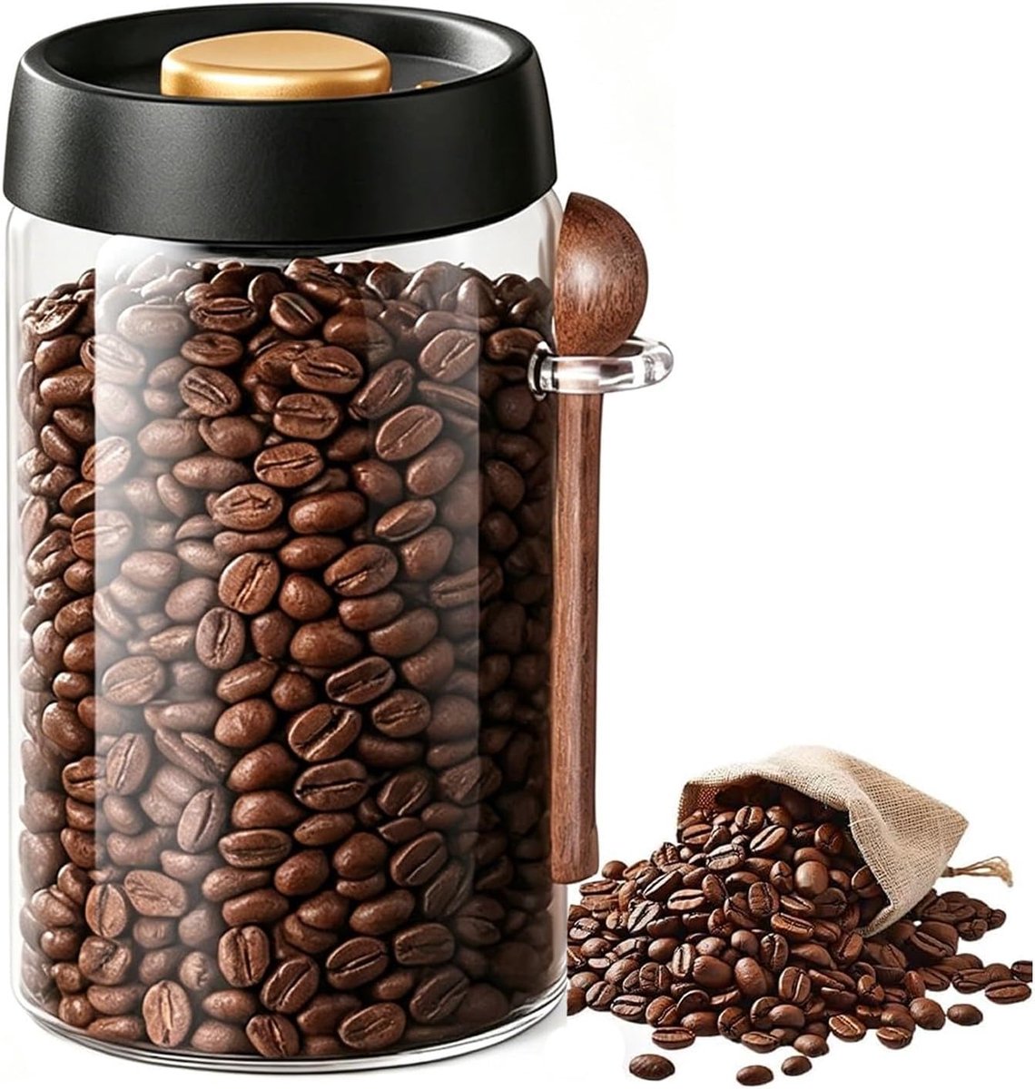 Koffieblik, 1200 ml vacuümafdichting voor glazen, voorraadpotten met vacuümdeksel, duurzame bewaardoos met een lepel, koffiecontainer voor koffiebonen, thee, noten (bruin-1)