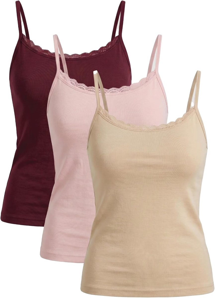 Set van 3 damestops met spaghettibandjes met kanten rand, elastische basic cami voor dagelijks gebruik, comfortabel nauwsluitend onderhemd, veelzijdige top met bandjes om te combineren en
