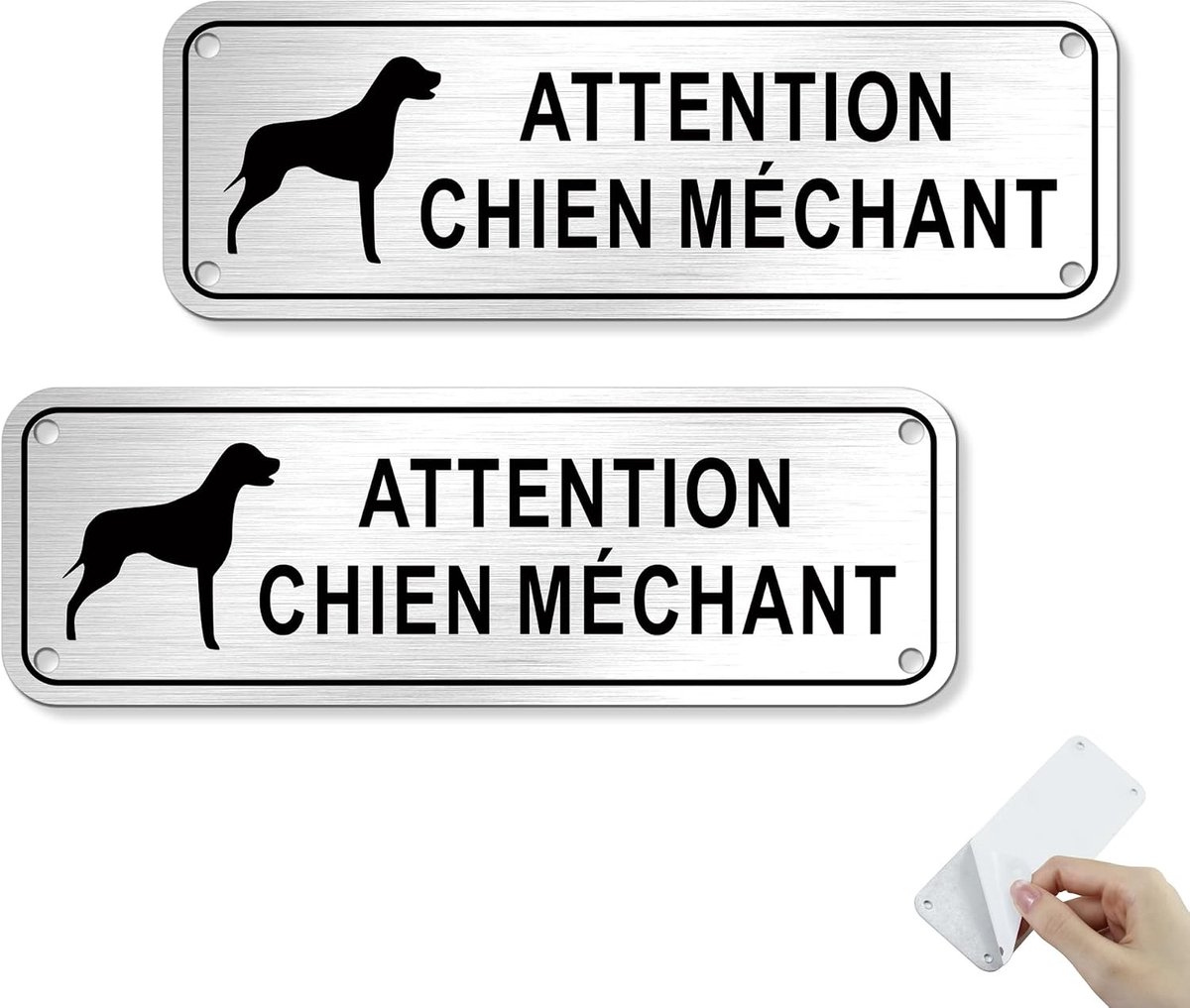 2 borden Attention au chien Méchant 15 x 5 cm | geborsteld aluminium | gevaarbord hond met lijm | ideaal voor poort, hek, tuin