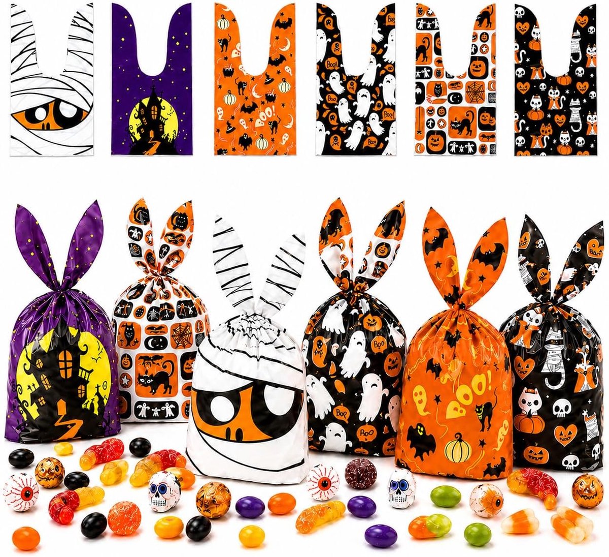 120 stuks Halloween snoepzakjes met hazenoren, 34 x 58 cm, voor feestjes (B