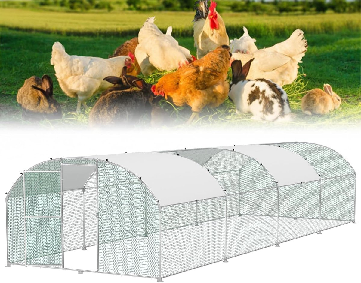 Kippenhok 3 x 8 m, van verzinkt metaal, vrijloopren met zonwering, dak en afsluitbare deur, kippenren voor kippen, gevogelte, konijnen