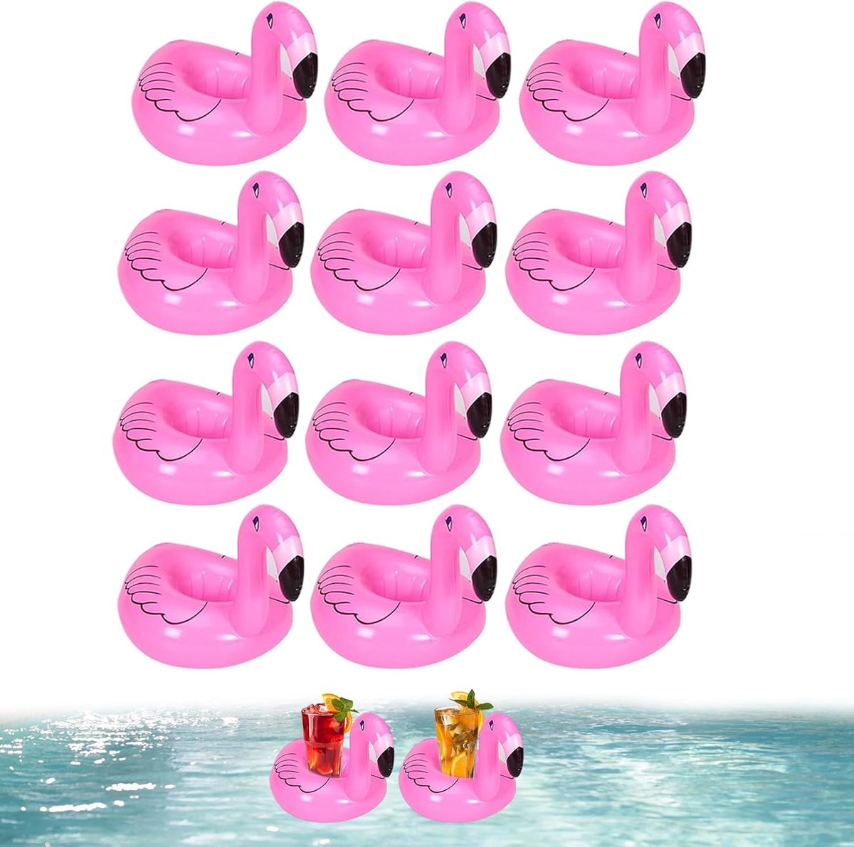 12 stuks opblaasbare flamingo-bekerhouders – drijvende beker- en blikhouders voor zwembadfeesten, strand, Hawaii, badplezier, mini-zwembanden voor bier, champagne en dranken