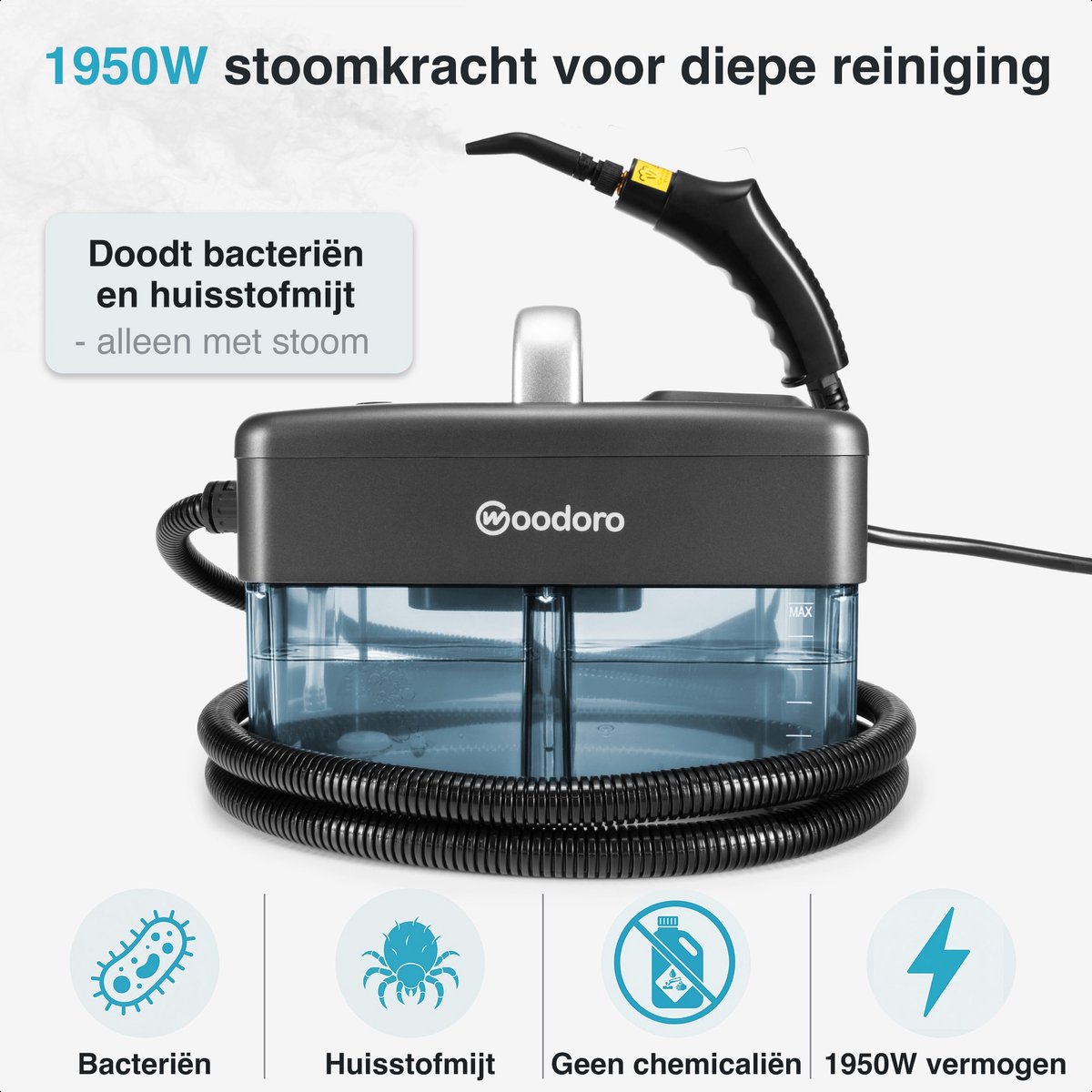 Stoomreiniger 121°C – In 15s Warm – 60 Min Stomen – 6 Standen – Handstomer voor Bank, Vloer, Badkamer, Keuken, Auto, Tapijt – Vlekkenreiniger – Handstoomreiniger – 1.6L Steam Cleaner – Woodoro thumbnail 6