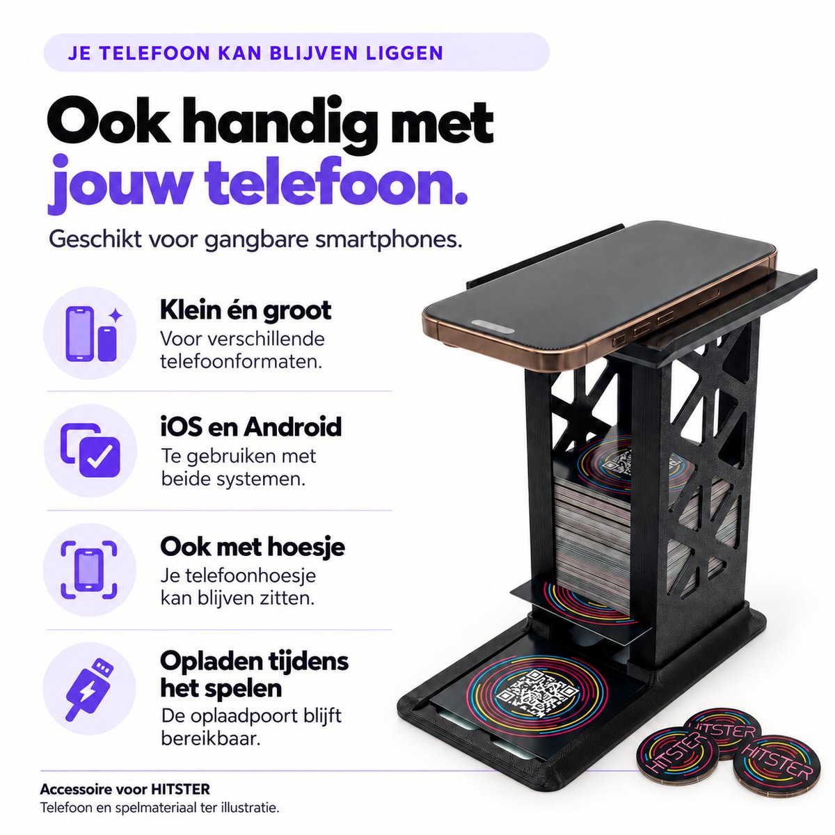 Kaarthouder Geschikt voor Hitster - Hitster uitbreiding - Compacte Kaarthouder met Geïntegreerde Telefoonstandaard - Geschikt Voor Hitster - Guilty Pleasures - Hitster - 100% NL - Hitster - Summer Party! en Meer! — cadeau in Partyspellen - foto 4