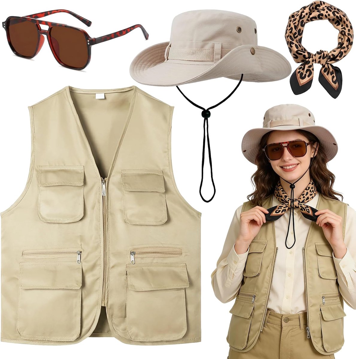 4-delige safari-kostuumset voor dames, safarikostuum, accessoireset met vest, safarihoed, luipaardpatroon, sjaal, zonnebril voor heren, volwassenen, outdoor, avontuur, carnaval, cosplay, themafeest