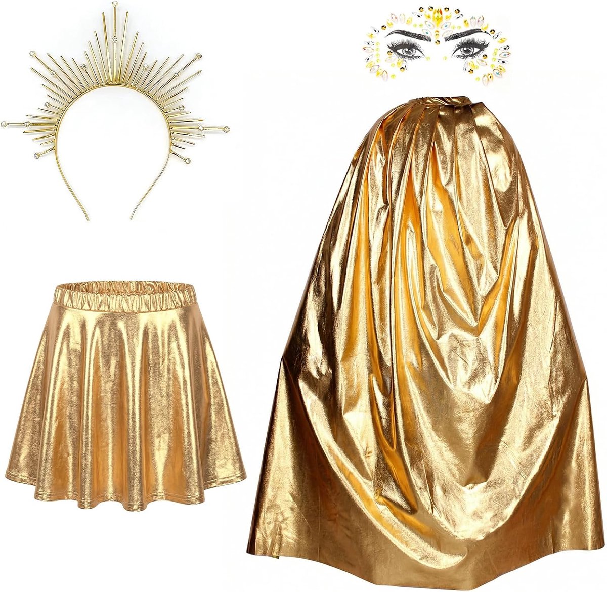 kostuum, metallic plooirok, glitterrok, goud, gouden cape, haarband, gouden haaraccessoires voor Halloween, carnaval, cosplay, zonkostuum, accessoires