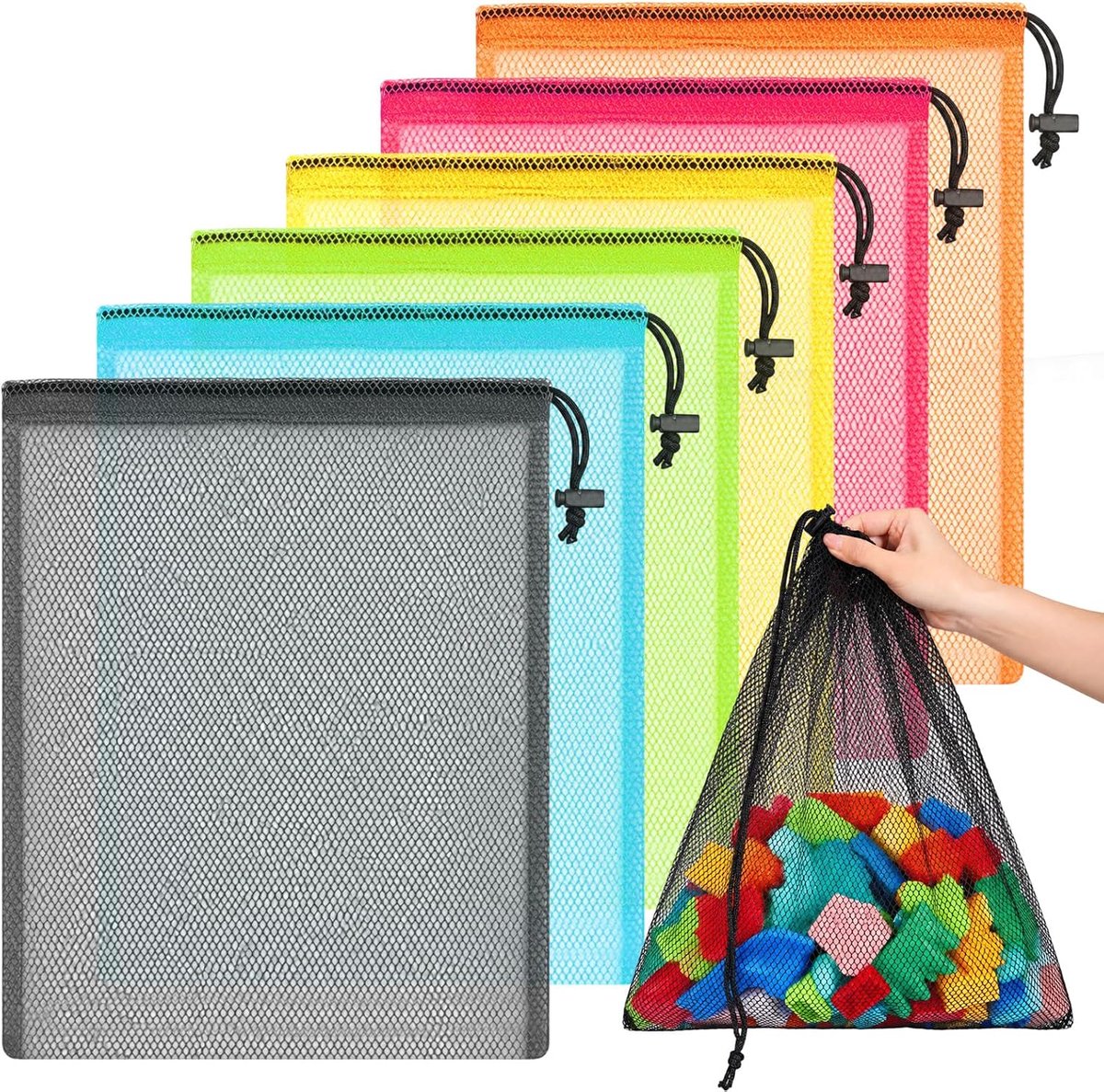 6 Stks Mesh Drawstring Bags 17x14 Inch, Ademende Nylon Netto Opbergzakken | Multicolor Lichtgewicht Strand Gym Travel Organizer voor Zwembad Speelgoed Wasserij Sport Essentials