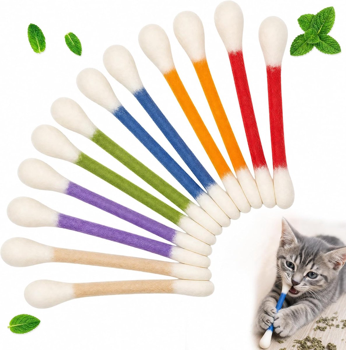 12 stuks kattenkruidspeelgoed voor katten met wattenstaafjes, kattenspeelgoed met kattenkruiden, tandreiniging en stressvermindering, kauwstokjes