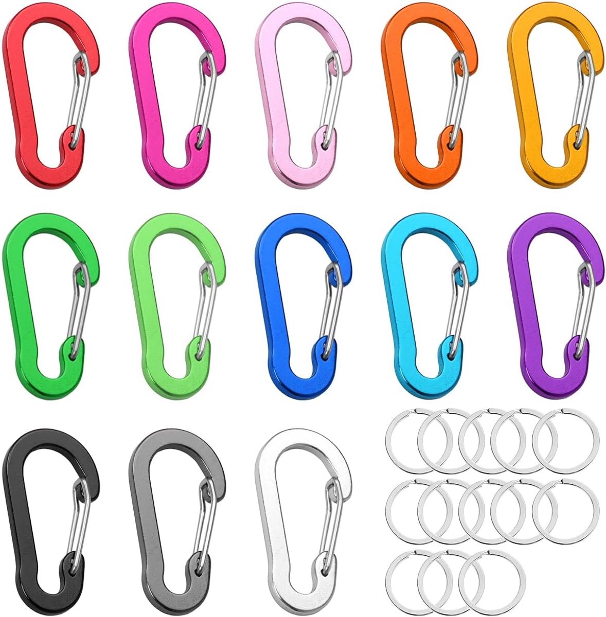 13 stuks kleurrijke karabijnhaken, klein, 5 cm, mini-karabijnhaak, sleutelhanger, aluminium karabijnhaak met sleutelringen, voor camping, reizen, wandelen, rugzak, riem