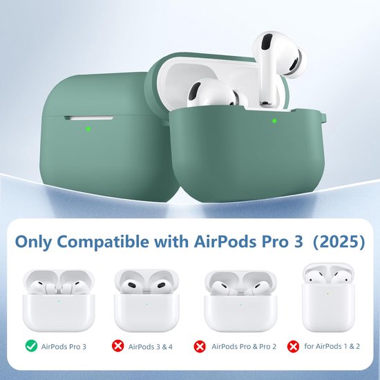 Compatibel met Apple AirPods Pro 3 hoes, zachte siliconen, stootvaste beschermhoes voor AirPods Pro 3 generatie, case cover 2025 met reinigingskit en karabijnhaak [led zichtbaar], dennengroen — afbeelding 2