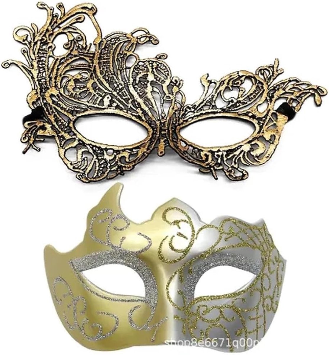 2 Stuks Venetiaanse Maskers voor Stellen - Glanzende Carnaval Maskers van Goud met Kant voor Mardi Gras, Feestshows en Halloween Kostuums