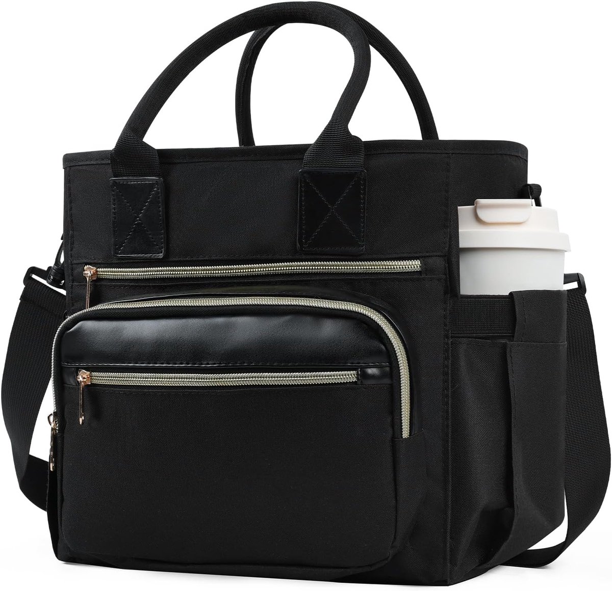 e Grote geïsoleerde lunchtas voor vrouwen, lekvrije lunchbox voor volwassenen voor werk met schouderriem en bekerhouder, koeltas voor kantoor, campus picknick, strand, zwart