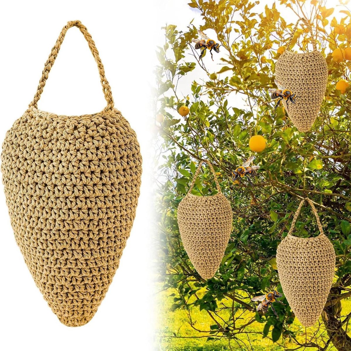 Ulisem - Nep Wespennest Verjager - Bijen Afweer - Voor Tuin - Buiten - Terras - Khaki Kunststof Hangend Net - Durable Katoen - Weerbestendig - Realistische Bijenverjager Voor Boerderij - Boomgaard - Tuinieren - Decoratief Landelijk Design