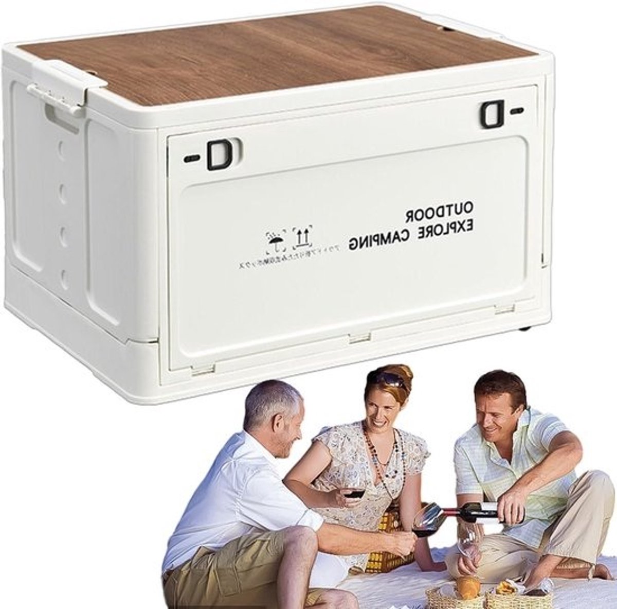 Opvouwbare Opbergdoos - Kampeerbak Tuinbak - Buiten Organiseren - Houten Deksel Snijplank - 378L x 316B cm - Wit