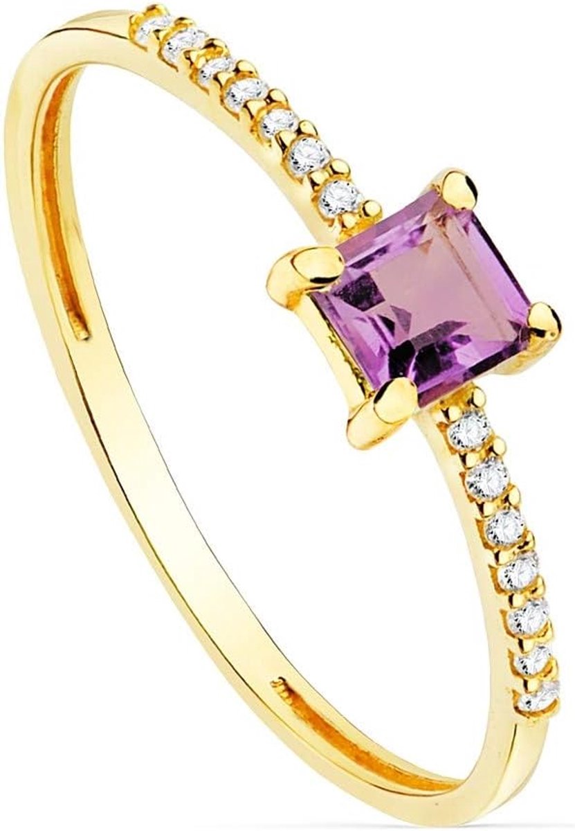 18K breedte gouden ring 1 mm. 4 mm amethistcentrum. Bright Diamonds 0,07ct. vrouwen