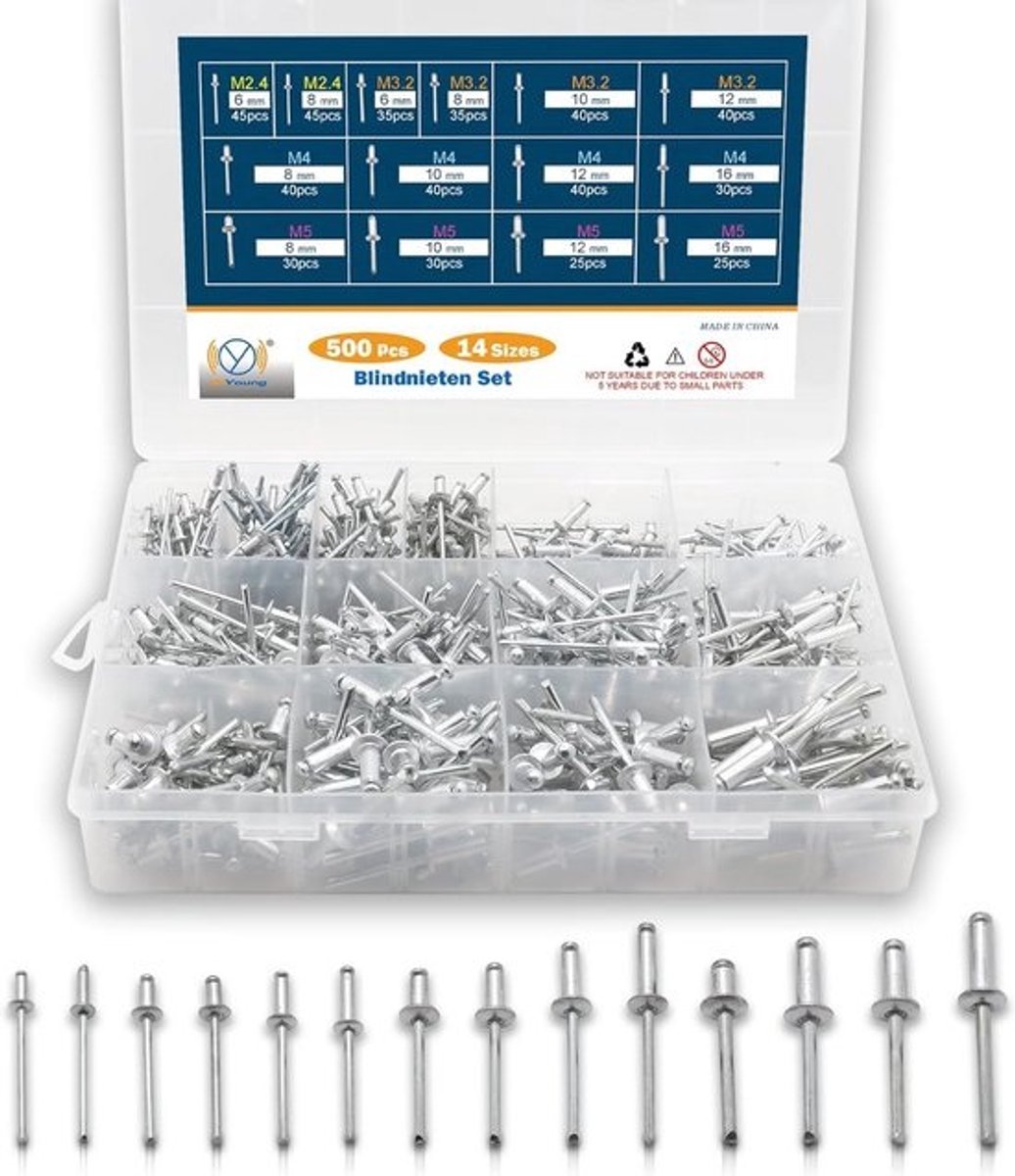 500 Stuks Aluminium Popnagels Assortiment in 14 Maten voor Metaal, Hout en Kunststof