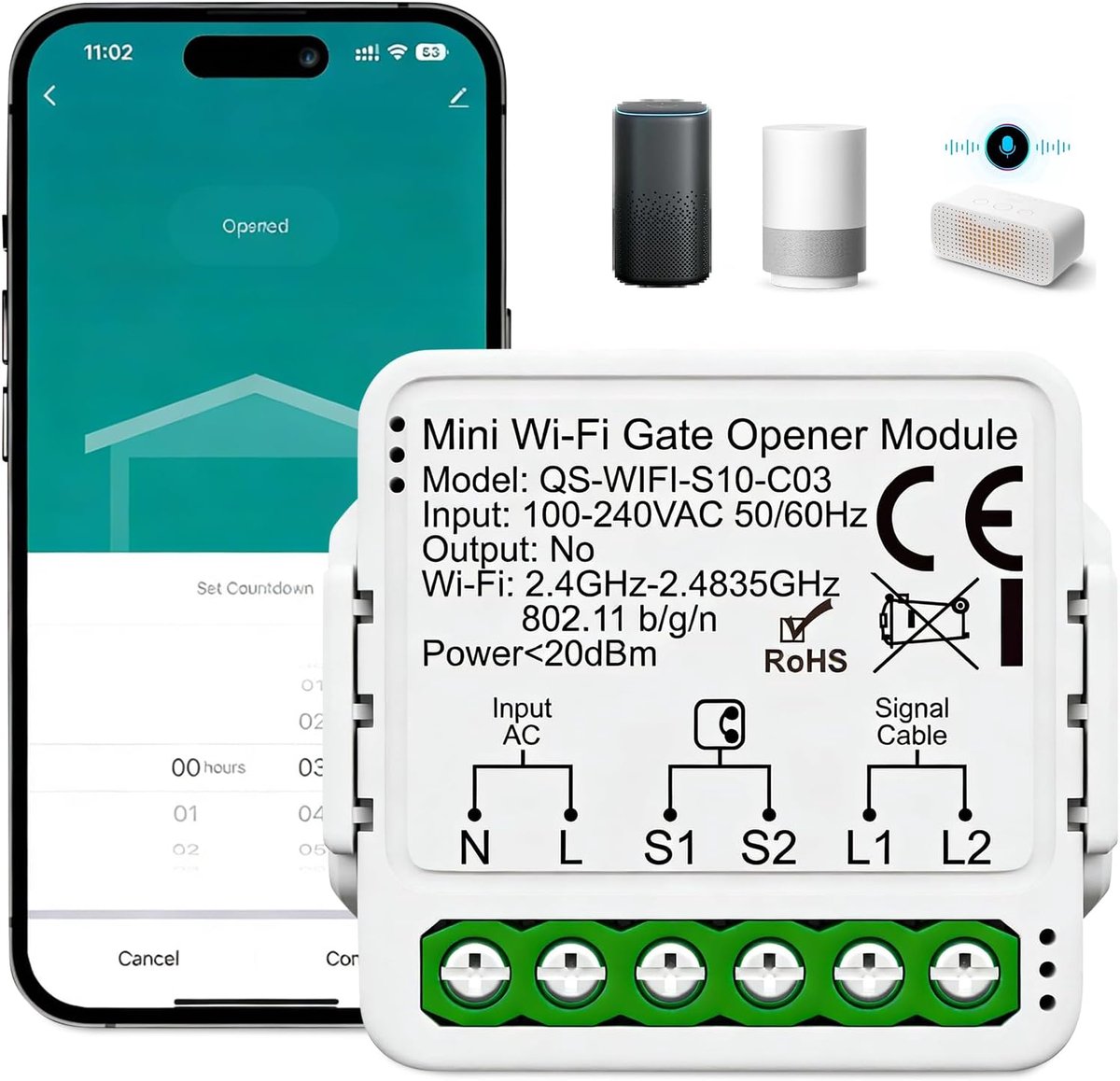 garagedeuropener, WLAN rolluikschakelaar, slimme garagedeuropener, garagedeuropener WLAN compatibel met APP en spraakbediening voor binnengarages, wit, wandmontage