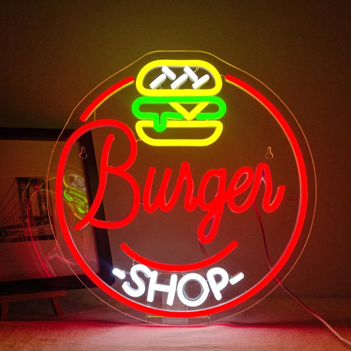 ineonlife Burger Neonbord voor Wanddecoratie en Dimbare Led Lichtborden voor Eten en Verlichting in de Kamer, Party, Snack Shop en Restaurant 5V/2A USB