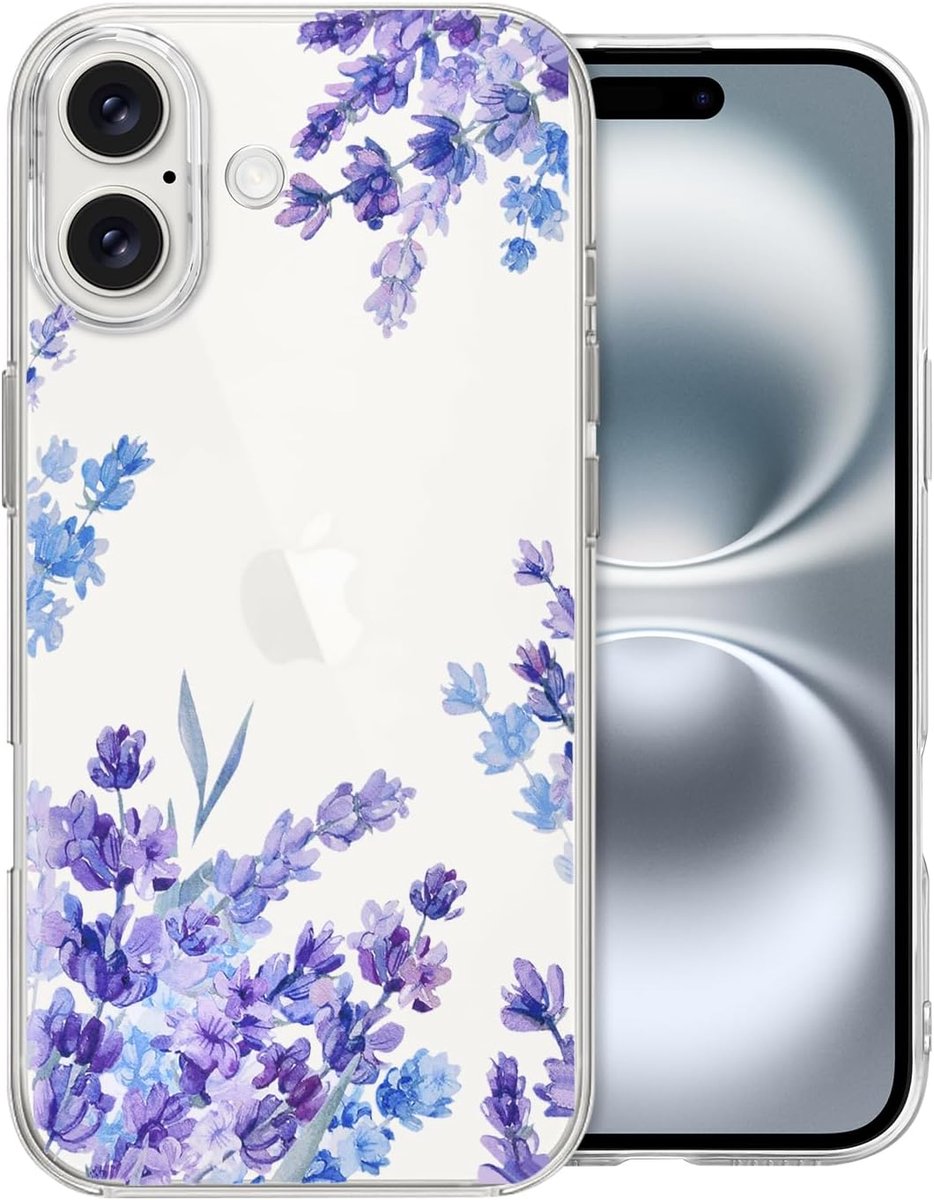 Telefoonhoes met bloemen, compatibel met iPhone 16 6,1 inch 2024, transparante zachte siliconen TPU-beschermhoes met lavendelpatroon voor vrouwen, ultradun, antislip, schokbestendig,