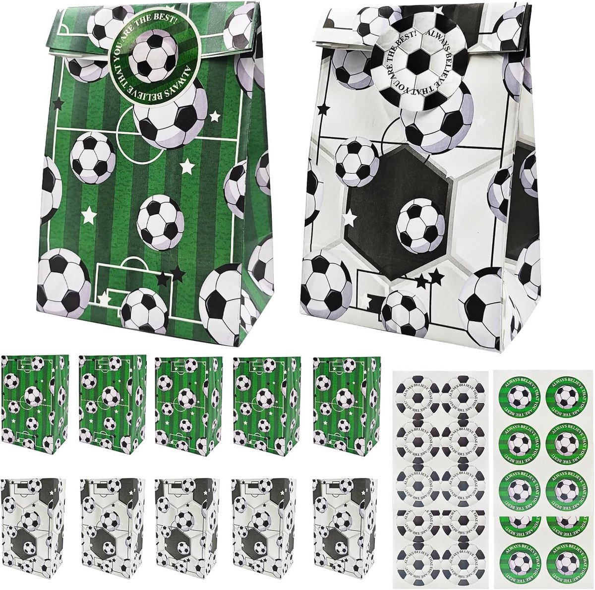 24 geschenkzakjes voetbal 12 × 8 × 20 cm voetbal papieren zakken met stickers