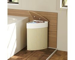 REDOM - Hoekwasmand - 55 liter inhoud - Afneembaar deksel en machinewasbare stoffen zak - Bamboe en metalen frame - Crème en natuurlijk hout - 35 x 35 x 60 cm