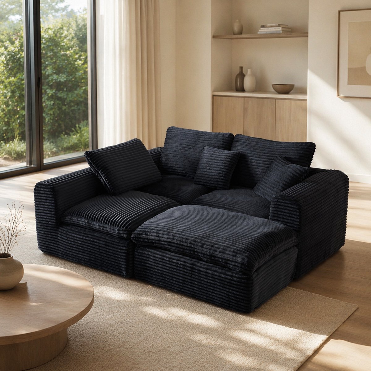 REDOM Modulaire hoekbank - 3-zits - 3 onafhankelijke modules - Tijdelijke slaapfunctie - Corduroy - Woonkamer - Schuim en veren - Zwart en blauw - 280 x 180 x 65 cm