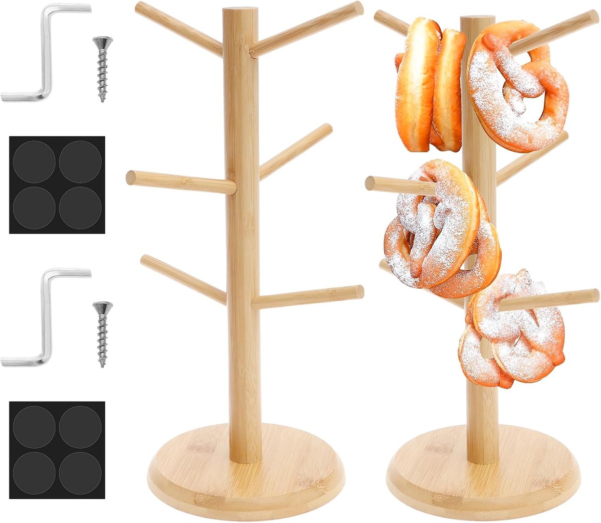 2 stuks Brezelstandaard, pretzelhouder van hout, 6-armig, hoogte 35 cm, houdt alles georganiseerd, ook als worststandaard of bekerhouder (houtkleur)
