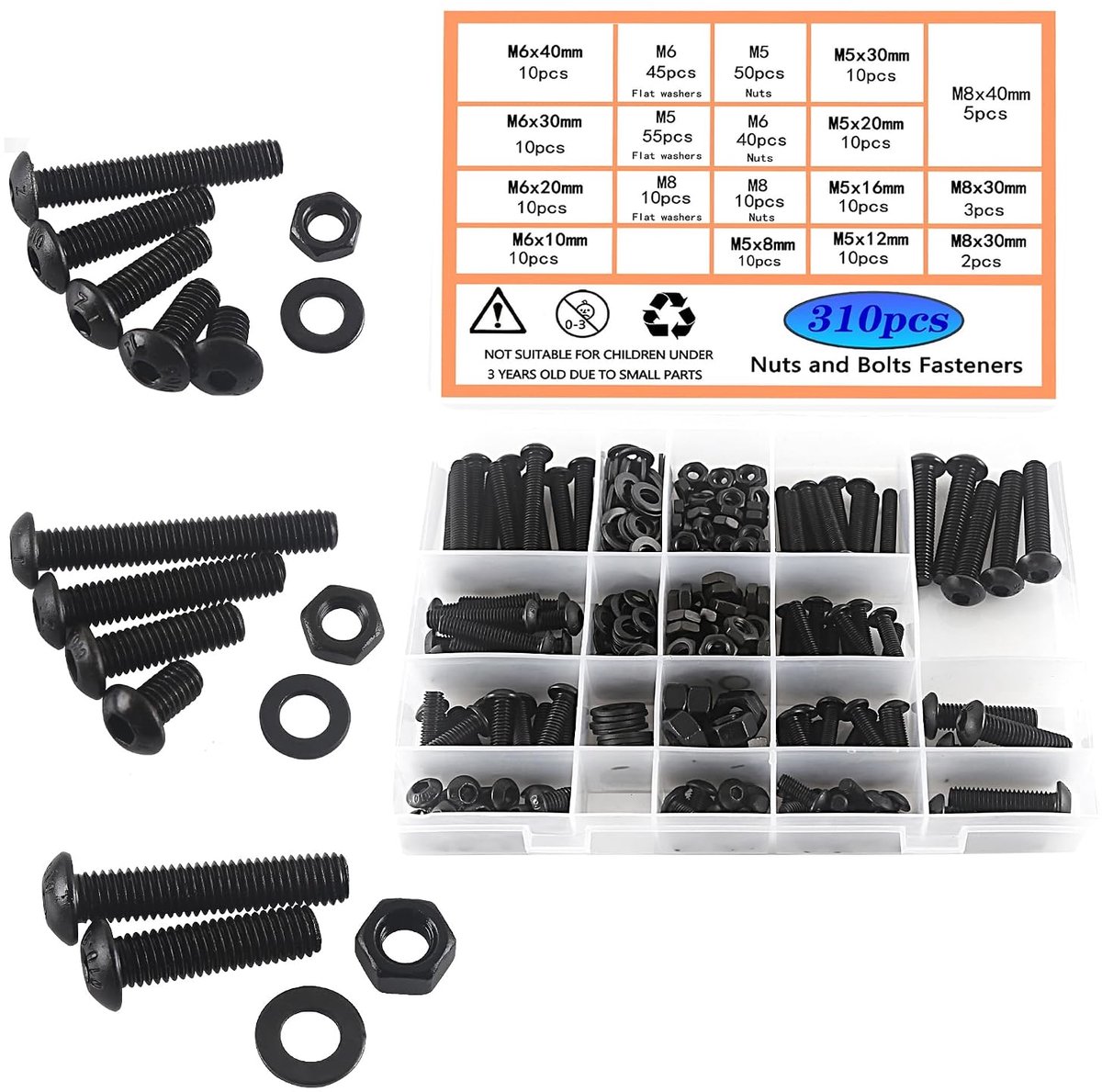 M6 M8 Moer en Bout Set Zwarte Knop Hoofd Machine Schroeven & Moeren & Wasmachines Assortiment kit Hex Socket Met Een Herbruikbare Opbergdoos 3 Zeskantsleutels 310 stks
