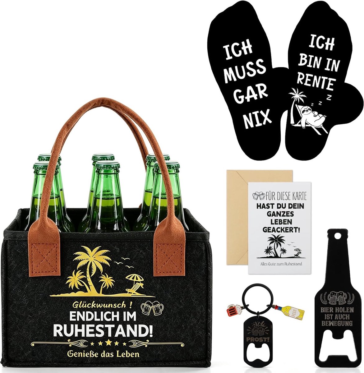 mannenhandtas, bier, cadeauset, vilten flessenzak voor 6 flessen, sokken, flesopener, sleutelhanger, wenskaarten, pensioencadeau voor gepensioneerden, opa, collega, vriend