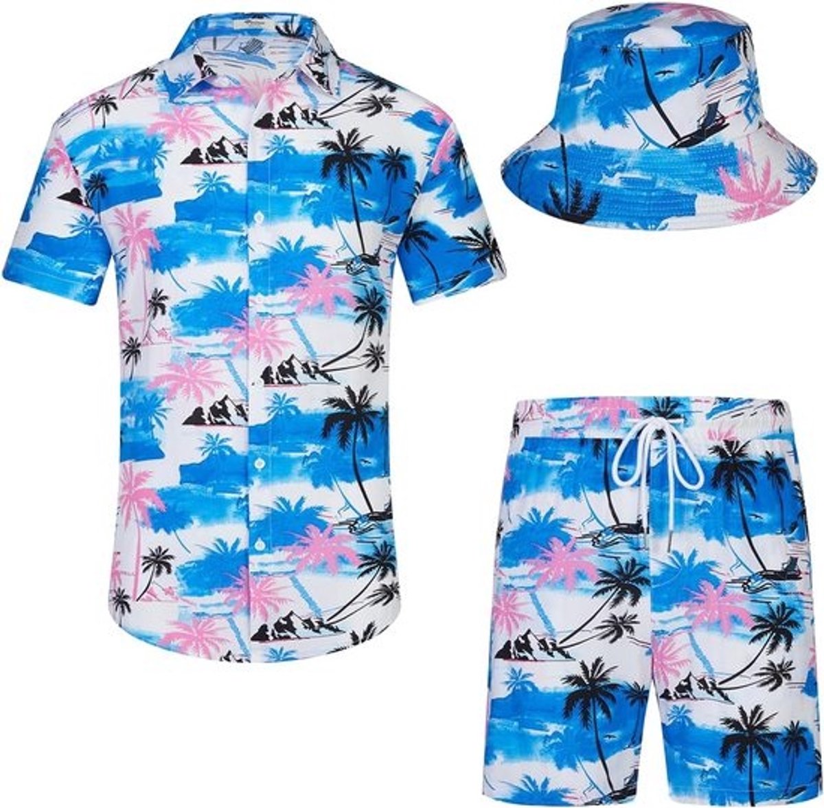 Heren Zomer Set: Hawaii Overhemd Korte Mouw en Korte Broek + Emmerhoed - Badkleding Strand Outfit