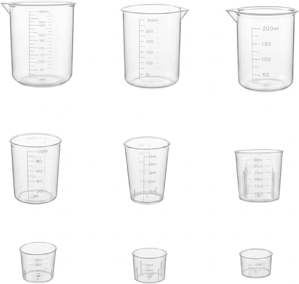 Maatbekerset, 10 ml, 15 ml, 20 ml, 30 ml, 50 ml, 100 ml, 250 ml, 500 ml, kleine set maatbekers, plastic mini-maatbekers (maatbeker)