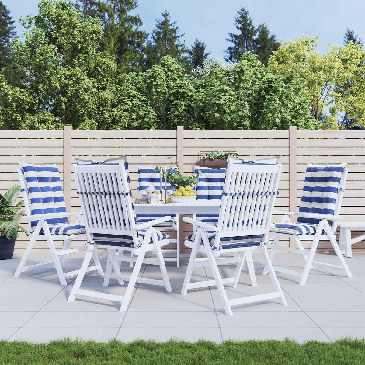 6 stuks, blauw/wit, 120 x 50 x 7 cm, stof voor terrasmeubels, rechthoekige kussens voor zitbanken met elastische banden en bevestigingsbanden