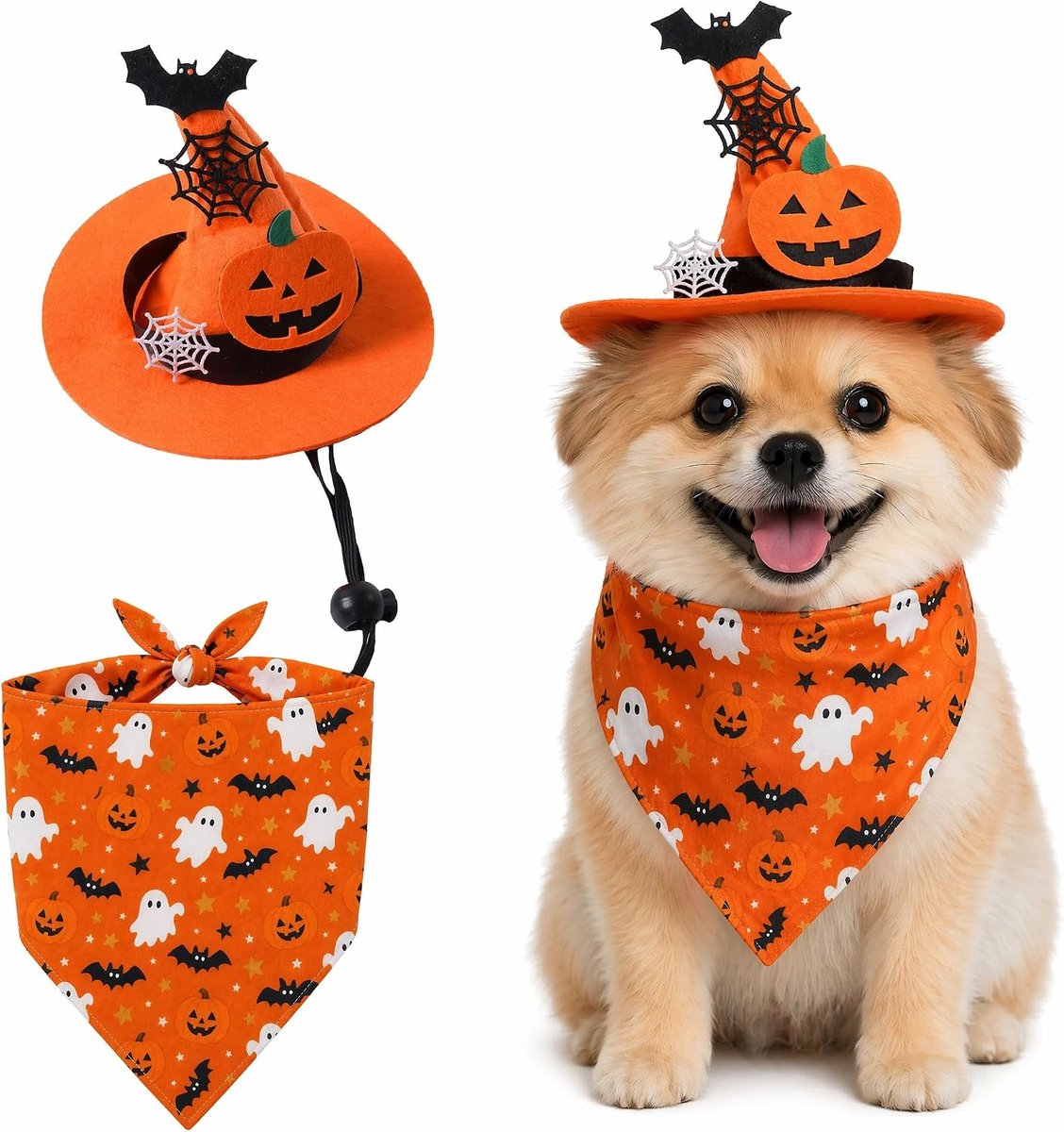 Halloweenkostuum voor honden, hondenkostuumset met verstelbare muts en hoofddoek, hondenhalsdoek voor kleine, grote honden en katten, Halloween-kostuum, pompoen, halsdoeken, decoratie, kattenkostuum